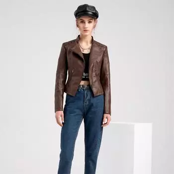 12 цветов S-4XL, новая осенне-весенняя женская короткая куртка из искусственной кожи, тонкая модная верхняя одежда в стиле панк, мотоциклетная кожаная куртка, повседневное пальто S коричневый