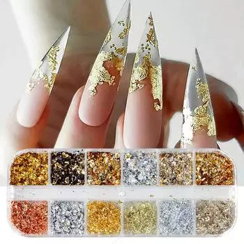 12 цветов золотой фольги великолепные ногти блестки случайные алюминиевые хлопья пайетки чип дизайн ногтей блестящие блестки украшения для ногтей