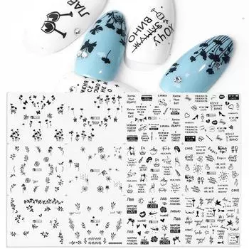 12 дизайнов, наклейки для ногтей в виде листьев, письменные буквы, наклейки для дизайна ногтей, переводные наклейки, черные татуировки, слайдер, декор