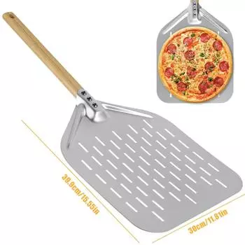12-дюймовая лопатка для пиццы из алюминиевого сплава с деревянной ручкой, антипригарная перфорированная лопатка для пиццы, легкая лопатка для очистки пиццы, инструмент для выпечки светло-серый
