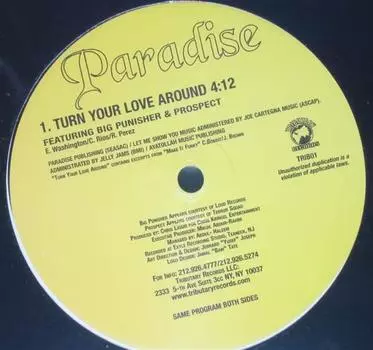 12-дюймовая пластинка PARADISE - Turn Your Love Around TRIB01 Tributary Recor US Рэп и хип-хоп/R&B Б/У