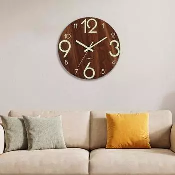 12-дюймовые деревянные настенные часы, светящиеся в темноте, темно-коричневые МДФ, белые цифры, бесшумное украшение для дома, современные настенные часы