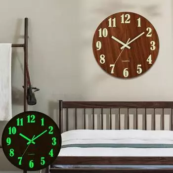 12-дюймовые деревянные настенные часы, светящиеся в темноте, бесшумные часы из МДФ, фоновые часы, кварцевые часы с поворотным механизмом 12Inch