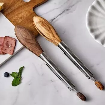 12-дюймовые деревянные щипцы для приготовления пищи, щипцы для салата из нержавеющей стали с запирающим механизмом из орехового дерева, термостойкий набор кухонных принадлежностей B
