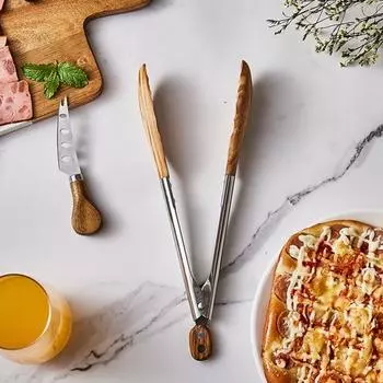 12-дюймовые деревянные щипцы для приготовления пищи, щипцы для салата из нержавеющей стали с запирающим механизмом из орехового дерева, термостойкий набор кухонных принадлежностей B