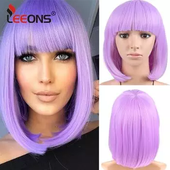 12-дюймовый прямой парик боб с челкой, короткие фиолетовые парики для женщин, синтетические полные парики для повседневной вечеринки, косплея на Хэллоуин