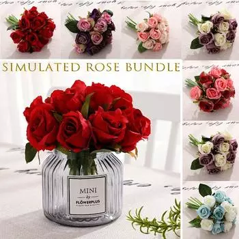 12 голов искусственных шелковых цветов Букет роз Свадебный декор для дома и вечеринки белый/зелёный