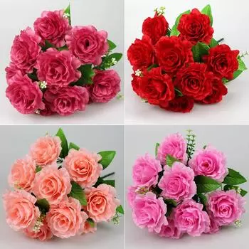 12 головок шелковая роза искусственные цветы поддельный букет свадьба домашний декор могилы красный