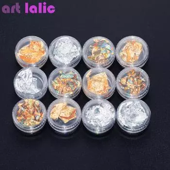 12 горшков, золотистая, серебряная, бронзовая блестящая фольга для ногтей, наклейка, гель-клей, клей для переноса блесток, чешуйки