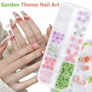 12-сетчатых розовых розовых 3D-цветов, листьев, перламутровых бусин, микс для дизайна ногтей, украшения на тему сада