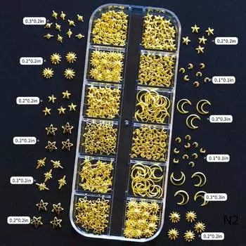 12 Grids/Box 3D Stars Nail Rivet Studs Decoration Gold Starlight Sparkle Jewelry Nail Charms Alloy Metallic Manicure Accessories