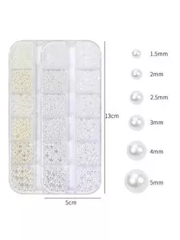 12 Grids Flat-bottomed Half-round Pearls Round DIY Nail Art Accessories for Rhinestone Decorations белый