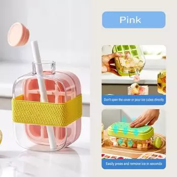 12 Grids Pressing Ice Cube Tray Block Mold 500ML Water Bottle With Straw Ice Making Mold Kitchen Tool Household Sealed Ice Maker