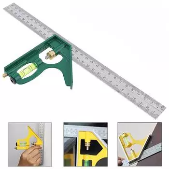 12 Inch 300mm Adjustable Combination Square Angle Ruler 45 / 90 Degree With Bubble Level Multifunctional Gauge Measuring Tools зелёный