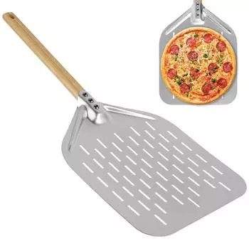 12 inch Aluminum Alloy Wooden Handle Pizza Shovel Hollow Punching Non Stick Punching Lightweight Pizza Crust Shovel Baking Tool 12