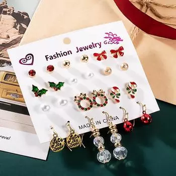 12 комплектов сережек Санта-Клаус, рождественская елка, лось, разноцветные серьги-яблоки красный/зелёный