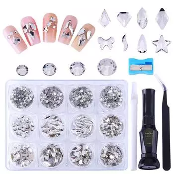 12 коробок с набором алмазов для нейл-арта, алмазы с плоским дном, алмазы особой формы, стразы, набор инструментов для нейл-арта