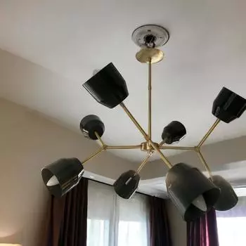 12-Light Italian Stilnovo Chandelier | Raw Brass & Black Orbs Sputnik Style | Modern Living Room Office Decor