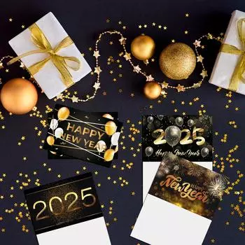 12 наборов поздравительных открыток на Новый год 2025 с конвертами, золотая фольга, открытки с Новым годом, поздравительные открытки для всей семьи, новогодний подарок на вечеринку