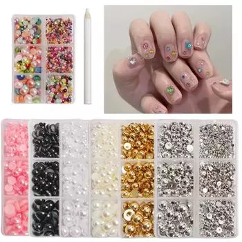 12 наборов смешанных размеров, пол-лица, жемчужные стразы, 6 наборов, применяемые к одежде, обуви, шляпам, украшениям для ногтей One Size бежевый