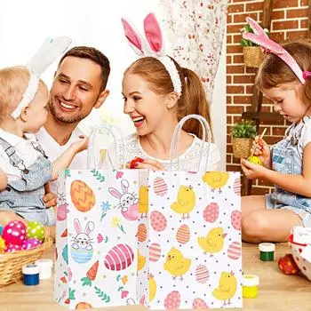12-Pack Kraft Paper 6 Styles Patterns Party Decor Rabbit & Egg with Handles Tote Bags Reusable Easter Themed Gift Packaging