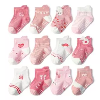12 пар/лот детские носки-тапочки для девочек, хлопковые детские противоскользящие носки-лодочки с низким вырезом, От 1 до 5 лет L( 3 to 5 years) розовый