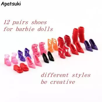 12 пар/лот, модная обувь для кукол, сандалии на высоком каблуке, ботинки, тапочки для кукол Барби, наряд, платье, аксессуары для кукол разноцветный