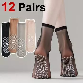 12 пар женских нескользящих тонких шелковых чулок, летние ультратонкие невидимые полностью прозрачные удобные дышащие повседневные носки One Size