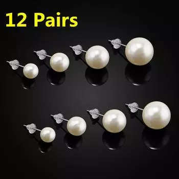 12 пар женских сережек-гвоздиков с жемчугом 12 pairs белый