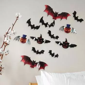 12 шт. 3D наклейки на Хэллоуин в форме летучей мыши, демона, тыквы, липкие, противоскользящие, жуткие, для вечеринки на Хэллоуин