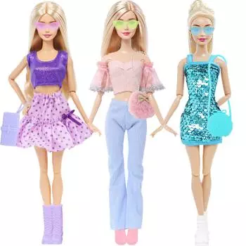 12 Pcs/Set Doll Clothes and Accessories for Barbie Doll Kids Toy Fashion Outfit Mini Dress Shoes Boots Handbag
