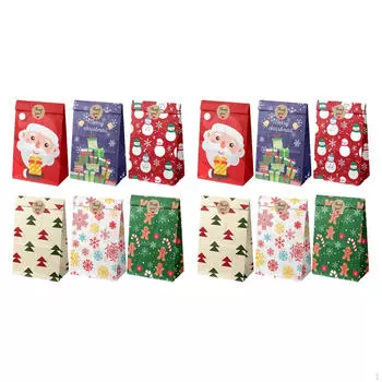 12 рождественских подарочных пакетов с наклейками для праздничных принадлежностей, упаковка из крафт-бумаги Style A