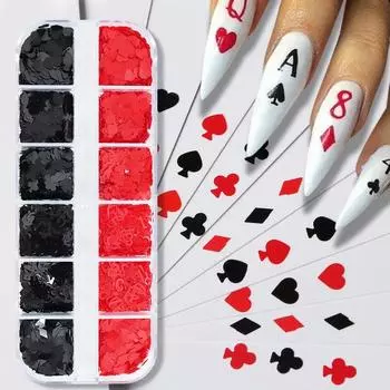 12 сеток, 3D игральные карты, блестки для ногтей, подвески в виде сердца, алфавита, сливы, покера, хлопья, украшения для ногтей, аксессуары, аксессуары