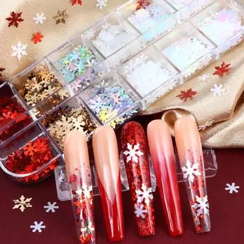 12 сеток, белые снежинки, блестки для дизайна ногтей, красные снежинки, украшения, рождественские украшения для дизайна ногтей своими руками, аксессуары для ногтей