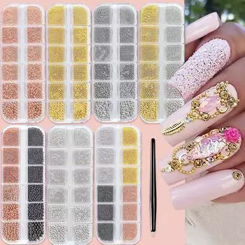 12 сеток из золота, смешанного размера, из нержавеющей стали, металлические бусины для дизайна ногтей, 3D, мини-шарики в виде икры, серебряные подвески для жемчужного маникюра и*