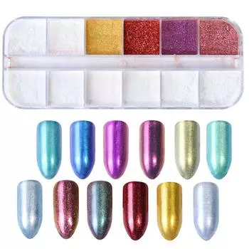 12 сеток/коробка, голографический хромированный зеркальный эффект, блестящая пудра для ногтей, украшение для ногтей