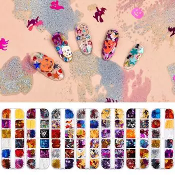 12 сеток, украшения для дизайна ногтей на Хэллоуин, блестящие красочные лазерные блестки, 11 стилей, тыквенная летучая мышь, призрак ведьмы, звездные хлопья, украшения для маникюра