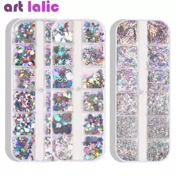 12 сеток в коробке, голографический лазер, смешанный дизайн, блестки для ногтей, чешуйки для ногтей, украшение для ногтей, цветок, круглая звезда, луна, сердце