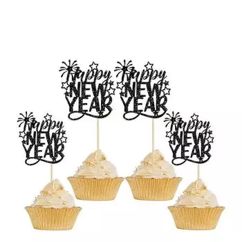 12 шт. блестящие фигурки для кексов в виде цифр 2025, черное золото, украшение для торта на Новый год, веселое рождественское украшение для кексов на десерт E