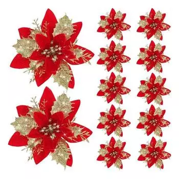 12 шт. блестящие рождественские украшения пуансеттия с зажимами стебли искусственные цветы на Рождество золотистый/красный