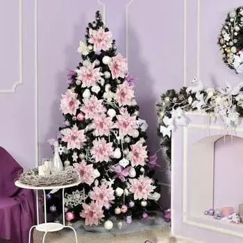 12 шт. блестящие рождественские украшения пуансеттия с зажимами стебли искусственные цветы для рождественской елки чёрный