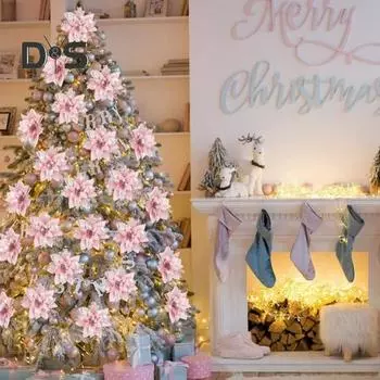 12 шт. блестящих рождественских украшений в виде пуансеттии с зажимами, искусственные цветы для украшения рождественской елки, свадебного венка черный белый