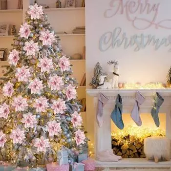 12 шт. блестящих рождественских украшений в виде пуансеттии с зажимами, искусственные цветы для украшения рождественской елки, свадебного венка