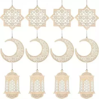 12 шт. деревянные украшения Ид Мубарак висит полый кулон настенные украшения луна звезда форма фонаря орнамент для мусульманского ислама праздничное украшение 12pcs