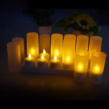 12 шт., имитация свечи, беспламенная чайная лампочка, перезаряжаемая лампа желтого цвета для вечеринки, свадьбы, домашний декор US Plug жёлтый