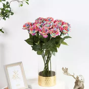 12 шт., искусственные розы ко Дню святого Валентина, радужная роза, настоящие радужные шелковые розы, искусственные розы для букетов, свадеб, вечеринок, детского душа, домашнего декора разноцветный