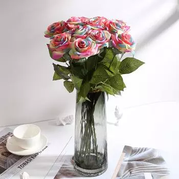 12 шт. искусственных роз ко Дню святого Валентина, радужные искусственные розы, настоящие радужные шелковые розы для букетов, свадеб, вечеринок, детского душа, домашнего декора разноцветный