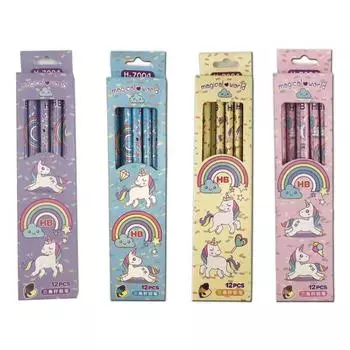 12 шт., карандаши с радужным единорогом, деревянные письменные принадлежности для рисования, канцелярские принадлежности для школьников синий
