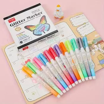12 шт./компл. блестящие маркеры для школы, офиса, раскраски, журналы, рисование, художественные маркеры, рекламная ручка, металлическая флеш-ручка, ручка для открыток своими руками