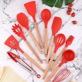 12 шт./компл. деревянная ручка силиконовая кухонная утварь с ведром для хранения высокая термостойкость и антипригарное покрытие кастрюля шпатель ложка red
